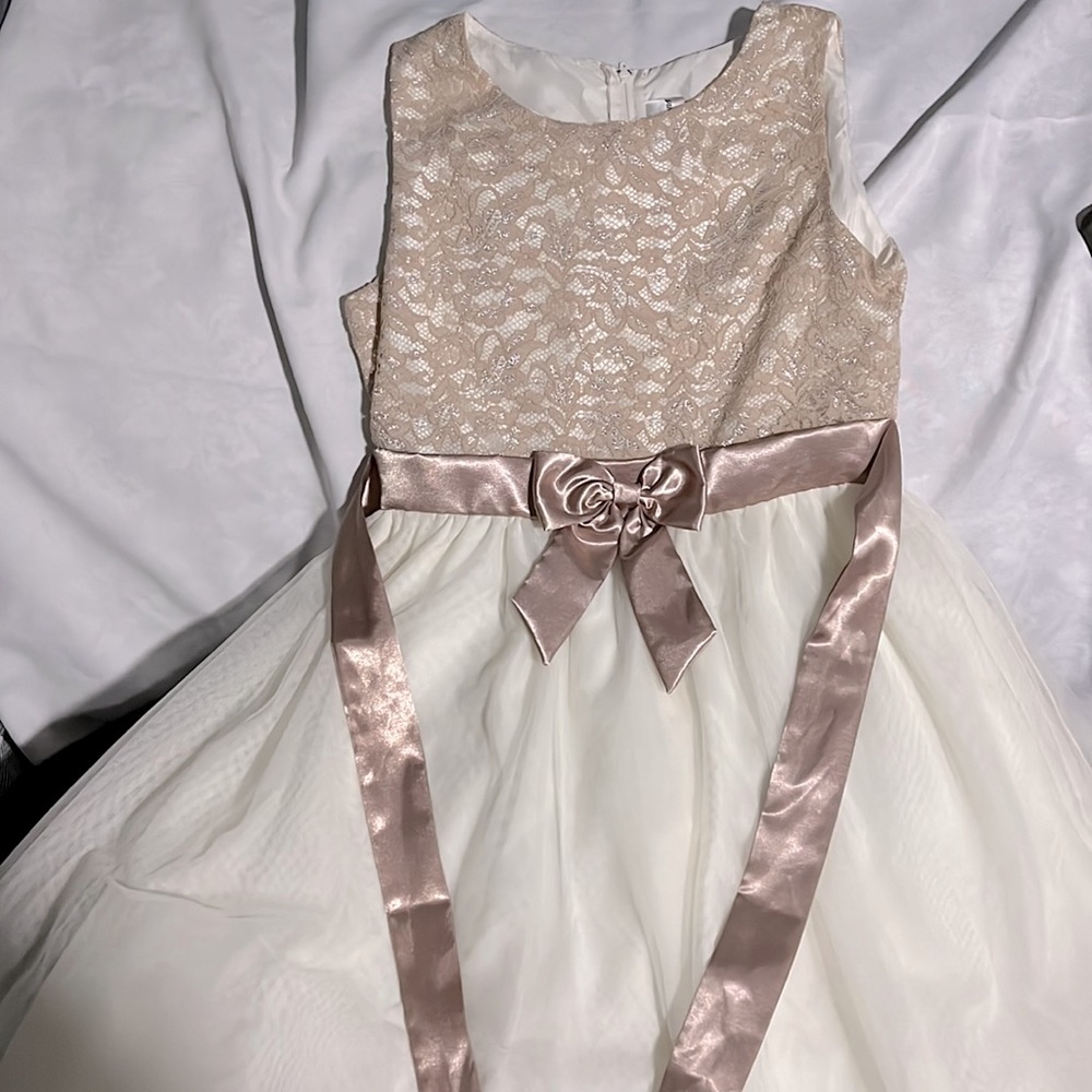 Kids Size 16 Formal White Dress with Beige Lace